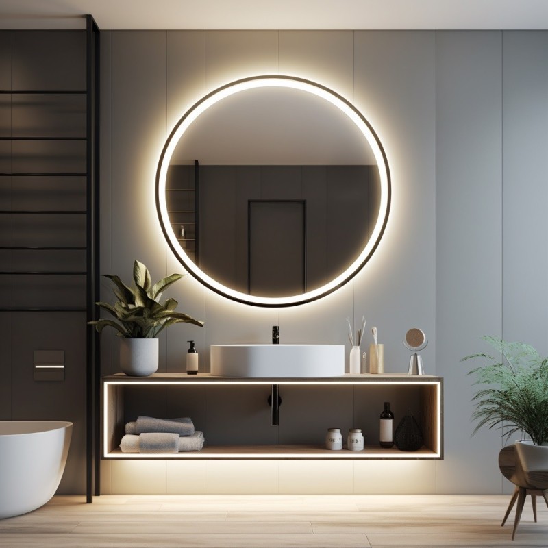 Specchio Da Bagno Rotondo con Luce e Cornice Nera