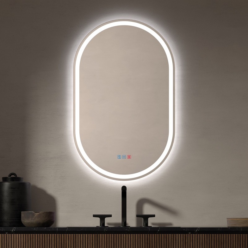 Specchio ovale da bagno con retroilluminazione LED bianca naturale e contorno luminoso interno. Design minimalista e raffinato.