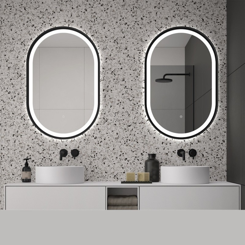 Specchio ovale verticale bagno bordo nero retroilluminato LED moderno