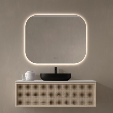 Specchio bagno LED rettangolare con angoli arrotondati, retroilluminato a luce calda, design moderno con comando touch integrato