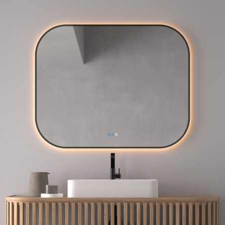 Specchio bagno rettangolare retroilluminato LED con angoli arrotondati e contorno nero moderno