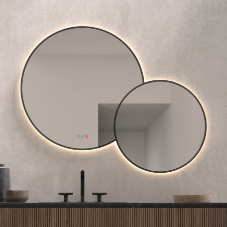 Specchio bagno doppio rotondo retroilluminato LED con bordo nero design moderno