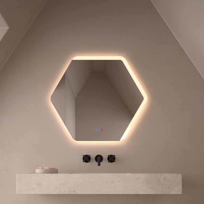 Specchio esagonale retroilluminato LED bagno moderno design geometrico elegante