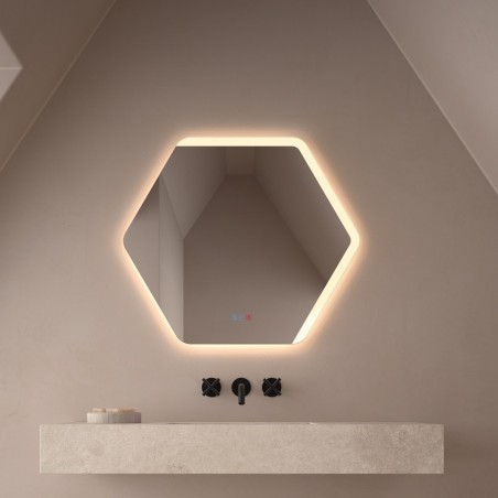 Specchio esagonale retroilluminato LED bagno moderno design geometrico elegante