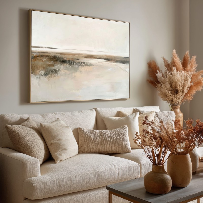 Quadro Moderno Grande Astratto Con Orizzonte In Toni Beige