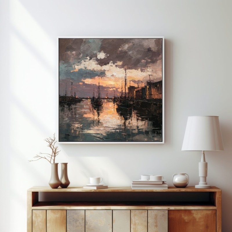 Quadro Porto al Tramonto Dipinto Marino Stile Impressionista