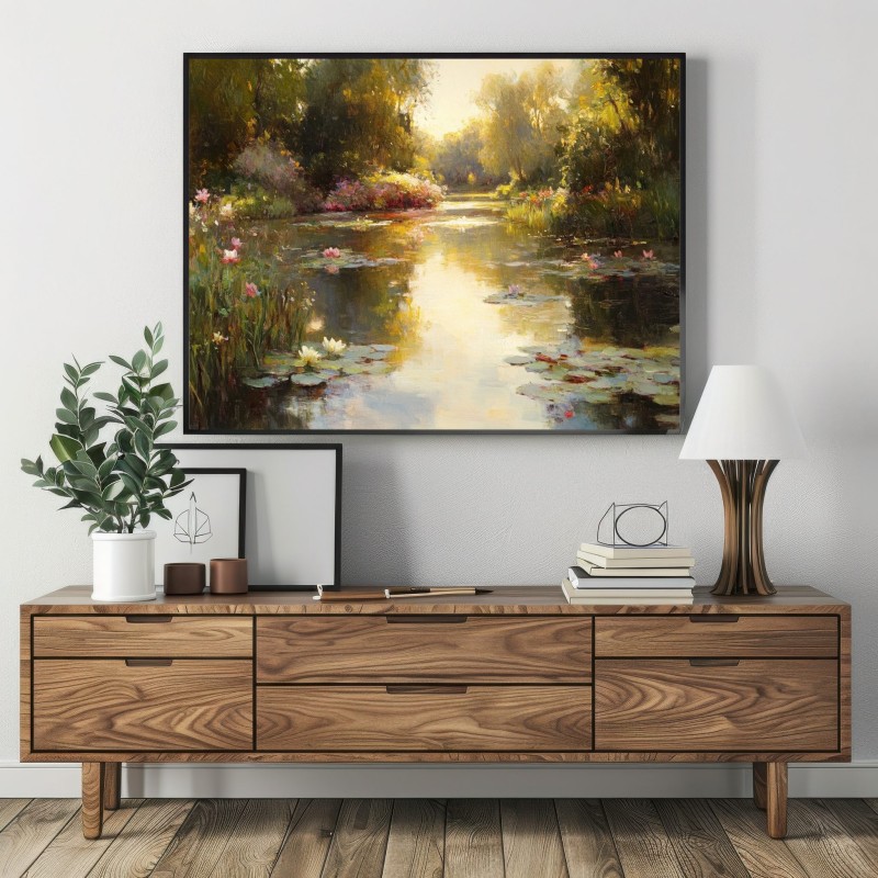 Quadro Paesaggio con Fiume e Ninfee Dipinto Impressionista Natura