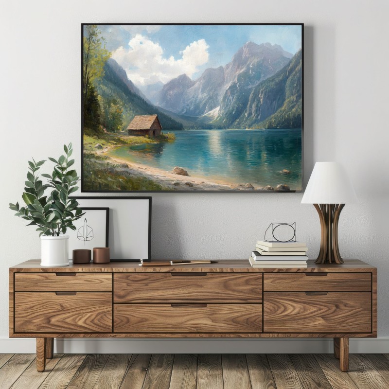 Dipinto paesaggistico di un lago alpino con chalet in legno e montagne maestose riflesse nell’acqua sotto un cielo luminoso.