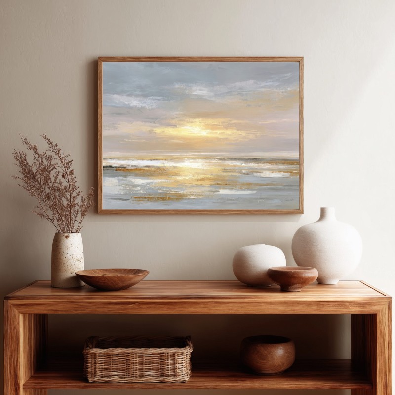 Quadro Tramonto Astratto sul Mare Dipinto Minimalista dai Toni Dorati