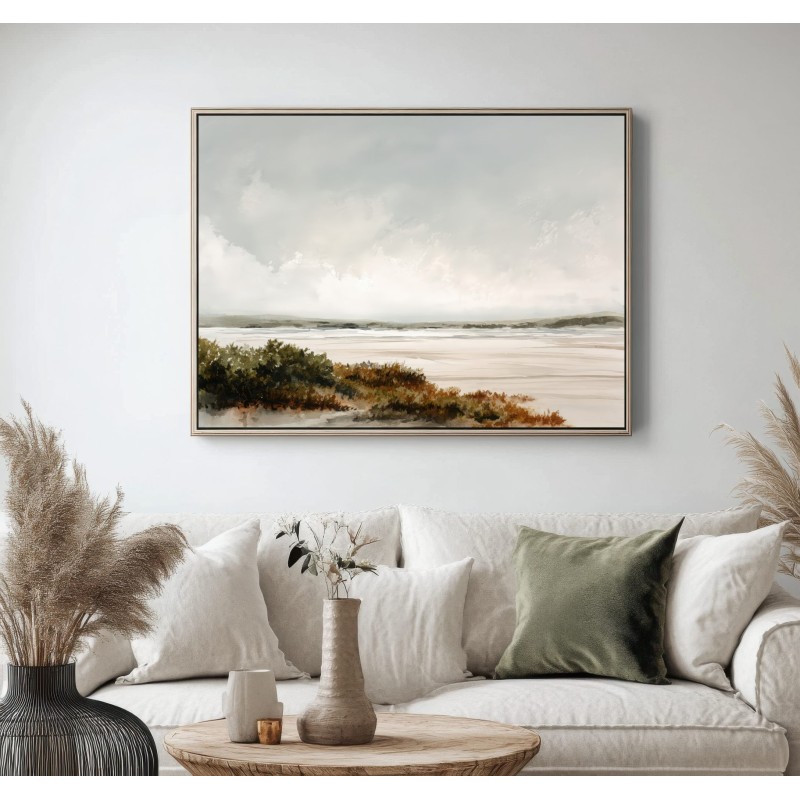 Quadro Paesaggio Costiero Acquerello – Spiaggia Minimalista nei Toni Naturali