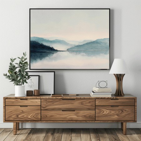 Quadro Paesaggio Lago Minimalista Acquerello Montagne e Nebbia