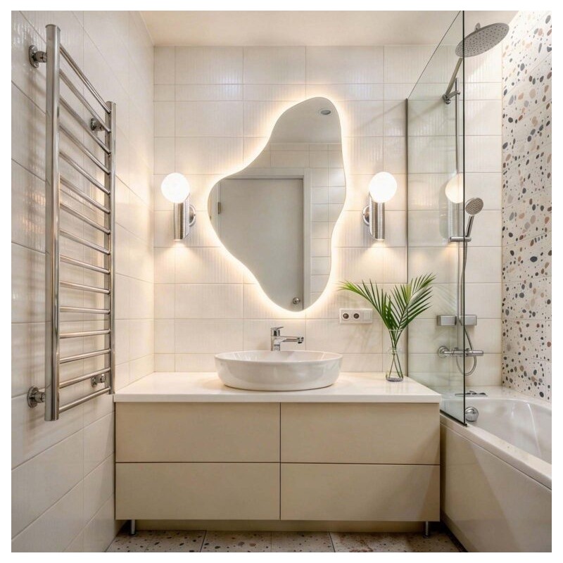 Specchio Bagno Irregolare LED Retroilluminato Design Moderno – Specchio Asimmetrico con Luce Integrata
