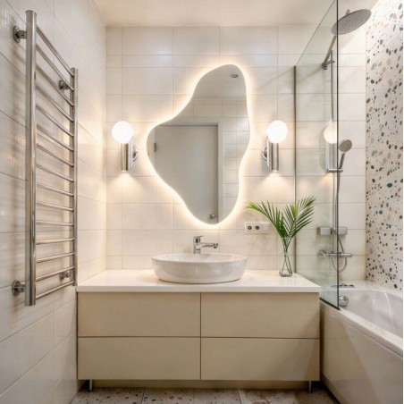 Specchio Bagno Irregolare LED Retroilluminato Design Moderno – Specchio Asimmetrico con Luce Integrata