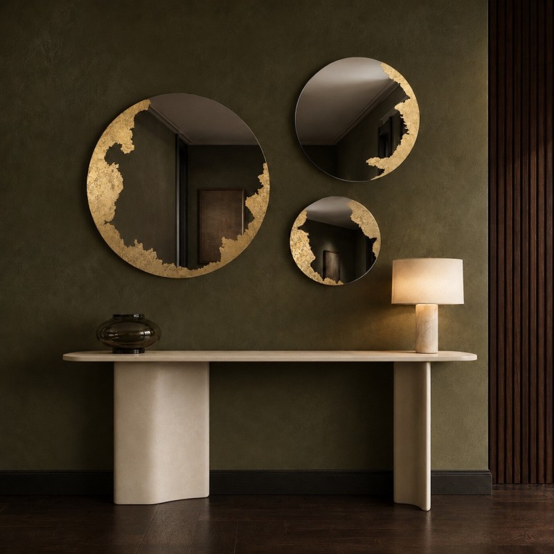 Set di 3 Specchi Rotondi con Foglia d’Oro Applicata a Mano