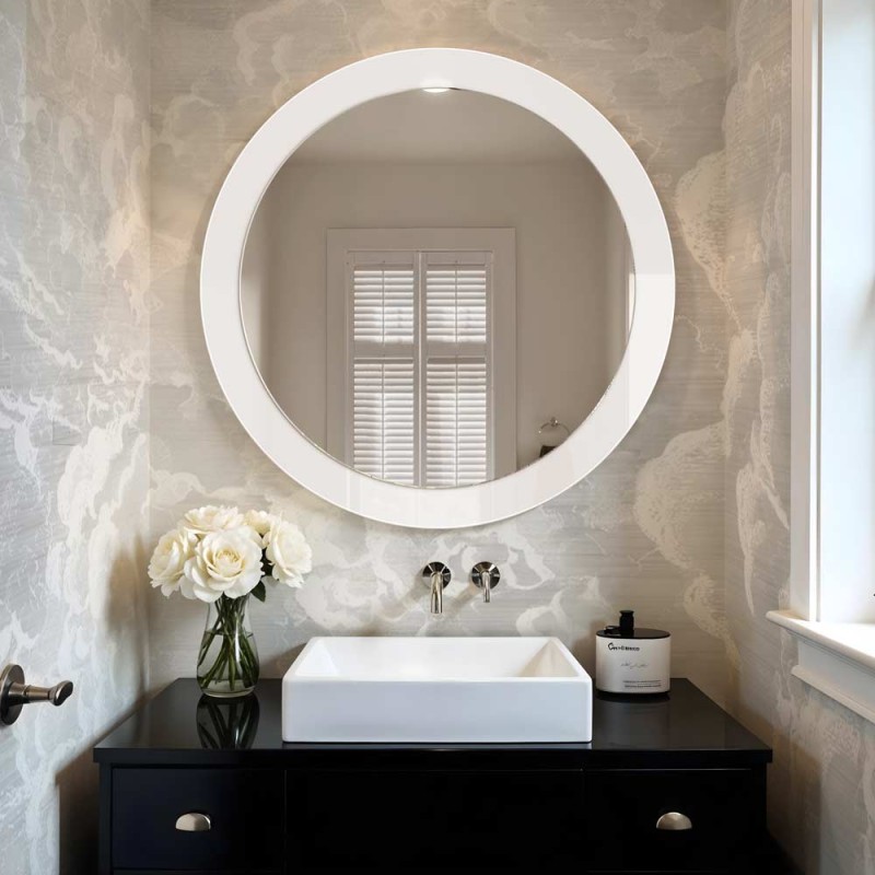 Specchio Rotondo Cornice In Vetro Bianco