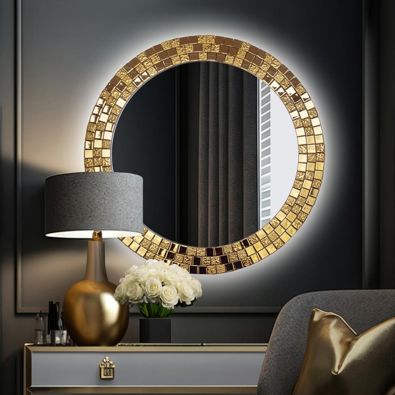 Specchio Rotondo Retroilluminato Cornice Dorata Aurea Gold LED