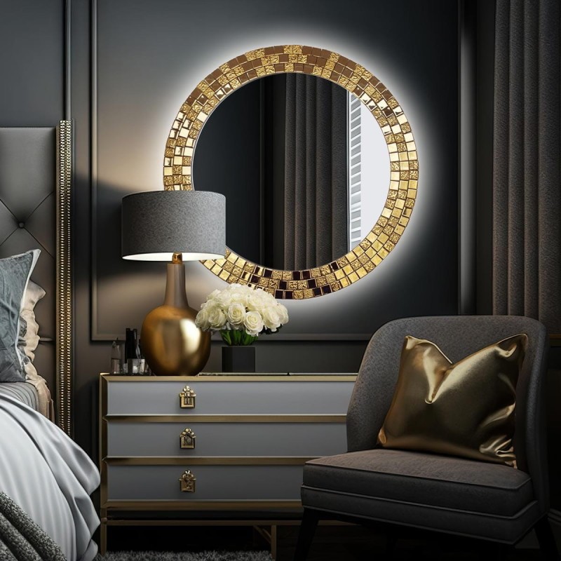 Specchio Aurea Gold LED con cornice a mosaico dorato in camera da letto