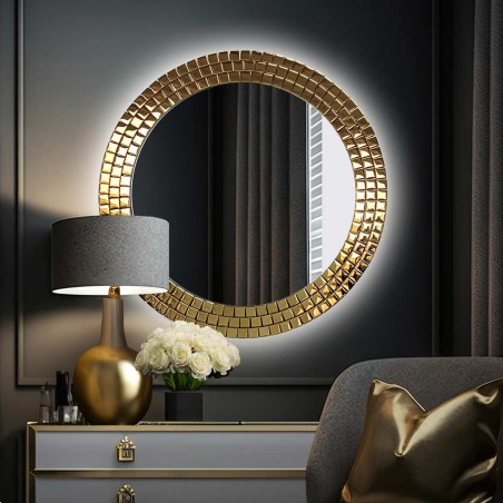 Specchio Rotondo Retroilluminato Cornice Dorata Aurora Gold LED