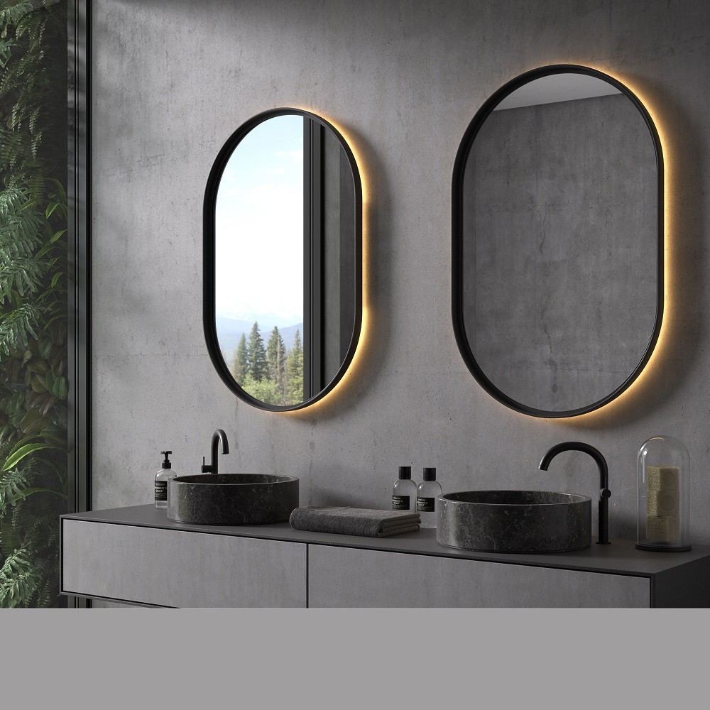 Specchio Da Parete Head West A Forma Di Pillola Con Cornice In Metallo Nero E Ripiani - 38x76x10 Cm - Per Bagno E Soggiorno - 2
