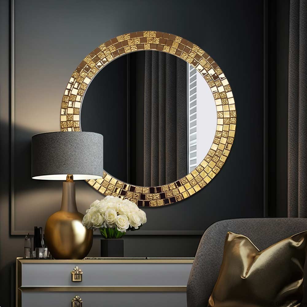 Specchio Sospeso Da Parete Con Cornice In Metallo, Colore Oro, Decorativo, 52 Cm